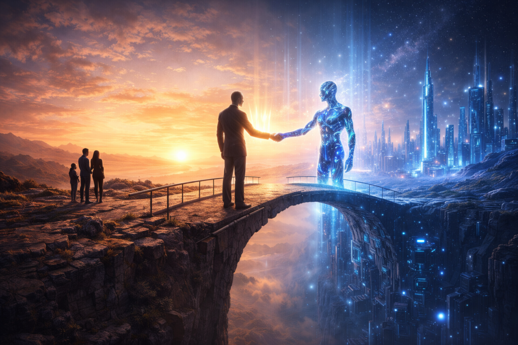 A human-AI handshake at dawn