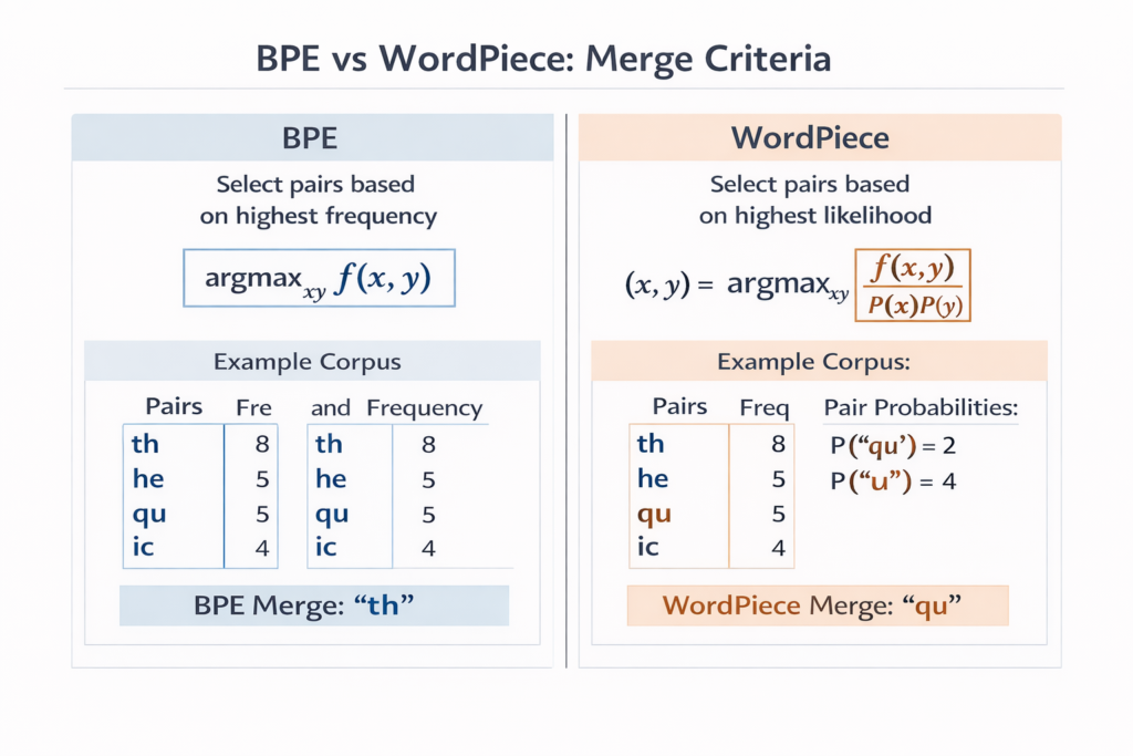 BPE vs WordPiece merge comparison