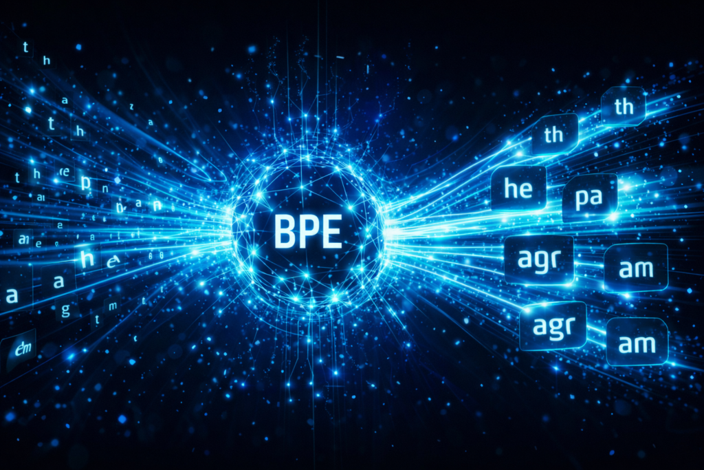 Futuristic Byte Pair Encoding visualization with glowing BPE node and merging text tokens.
