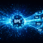 Futuristic Byte Pair Encoding visualization with glowing BPE node and merging text tokens.