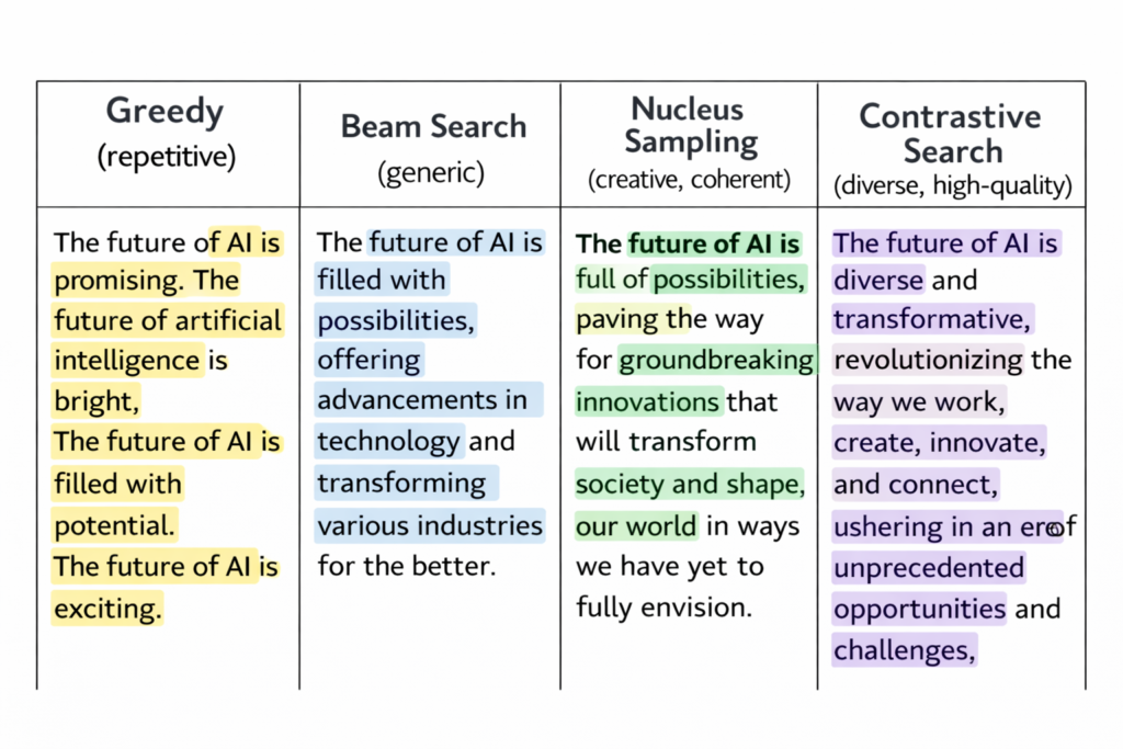 Decoding strategies comparison in AI text generation