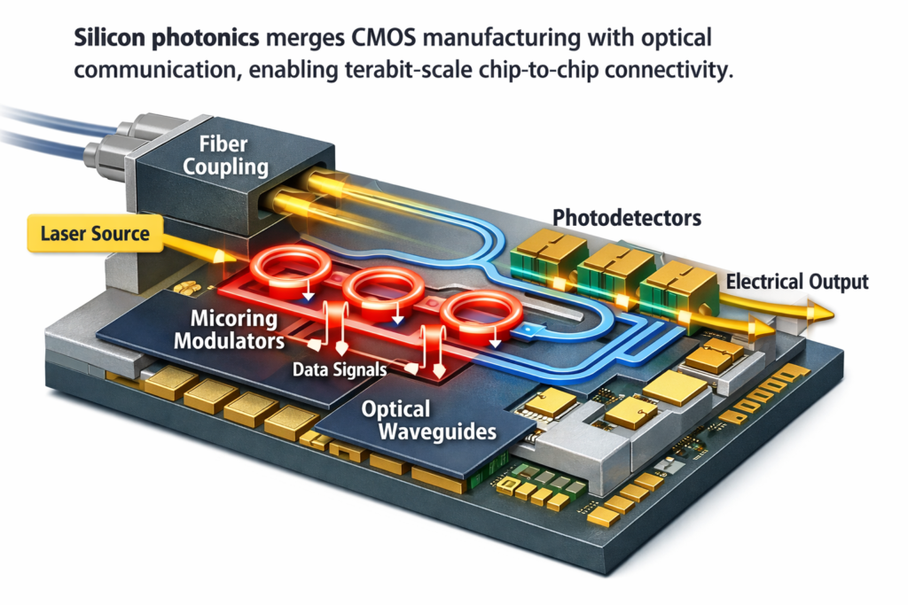 Silicon photonics chip design diagram