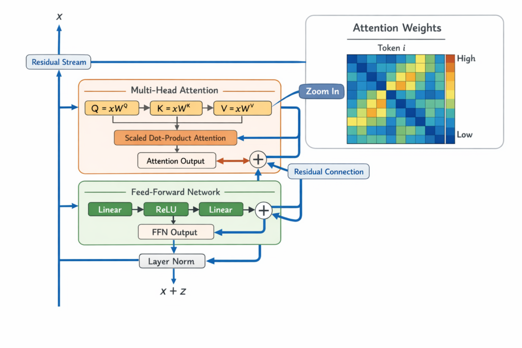Transformer architecture diagram with attention weights