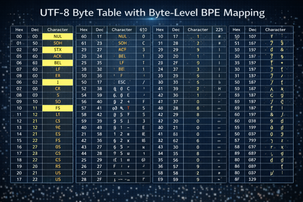 UTF-8 byte table with BPE mapping